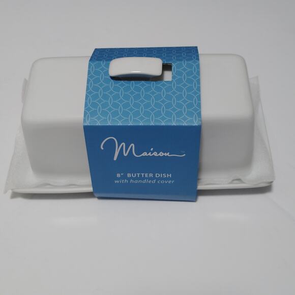 Essentials 8" Maison Covered Butter Dish Rectangular Finial Handle White Ceramic - Picture 2 of 4